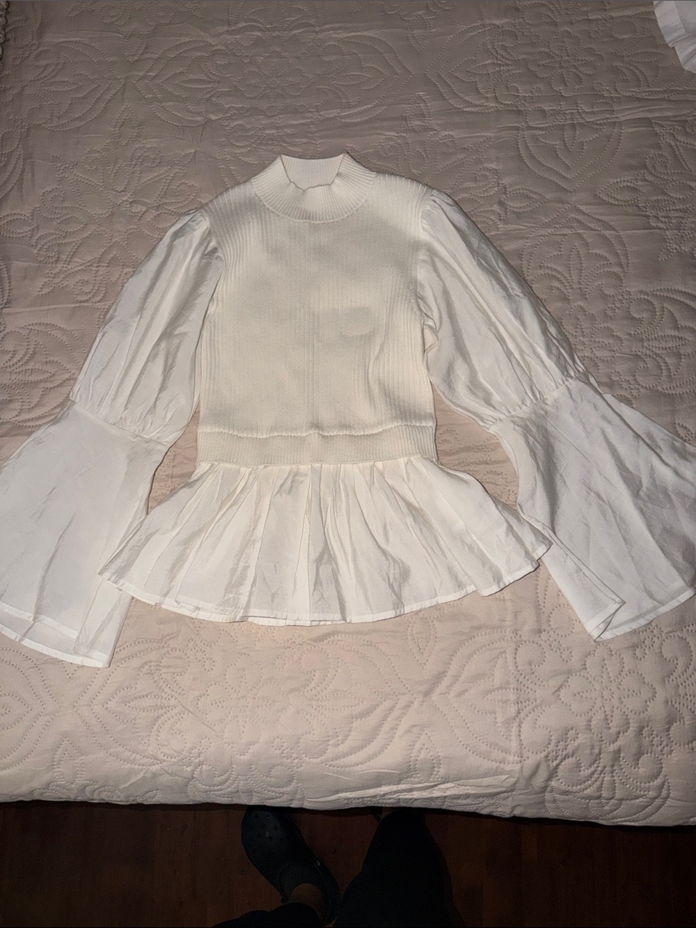 Francesca's Collections Cream Mock-Neck Ribbed Top with Sheer Bell Sleeves